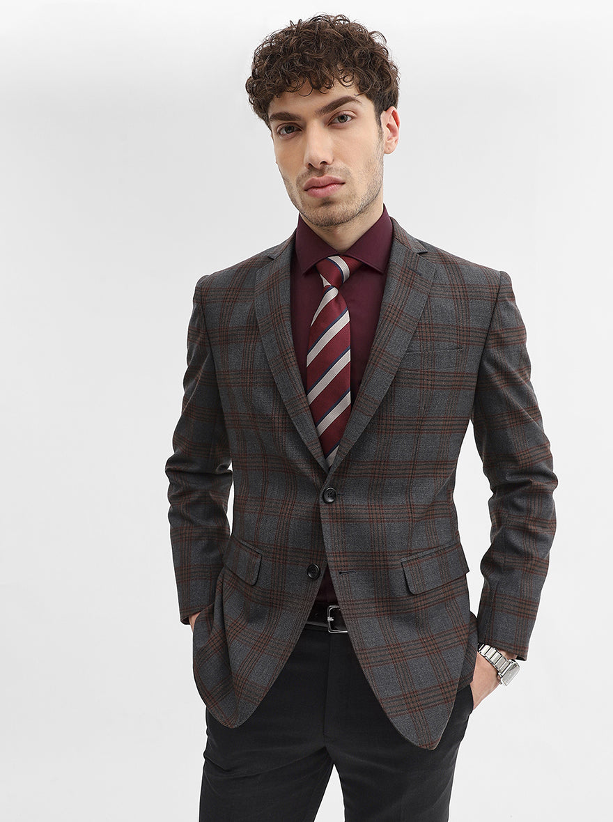 Dark Grey Checked Regular Fit Blazer | JadeBlue