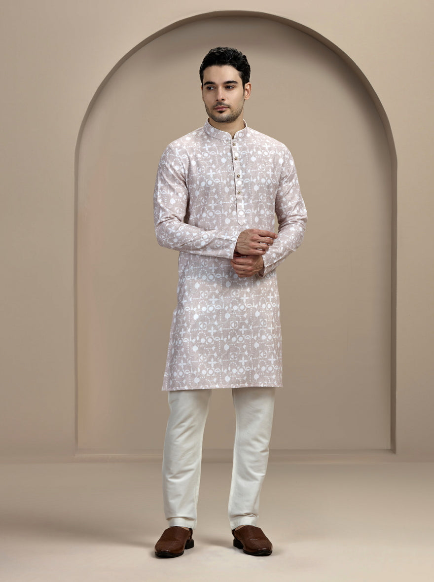Beige & White Printed Kurta | The Kurta Company