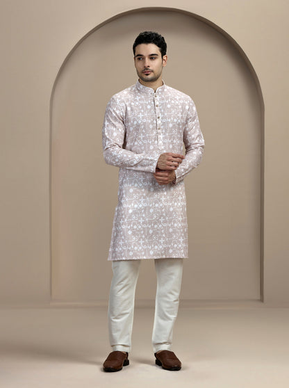 Beige & White Printed Kurta | The Kurta Company