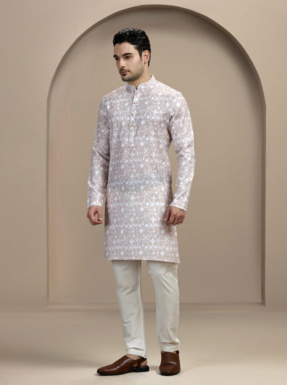 Beige & White Printed Kurta | The Kurta Company