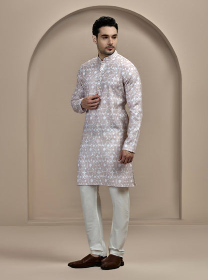 Beige & White Printed Kurta | The Kurta Company