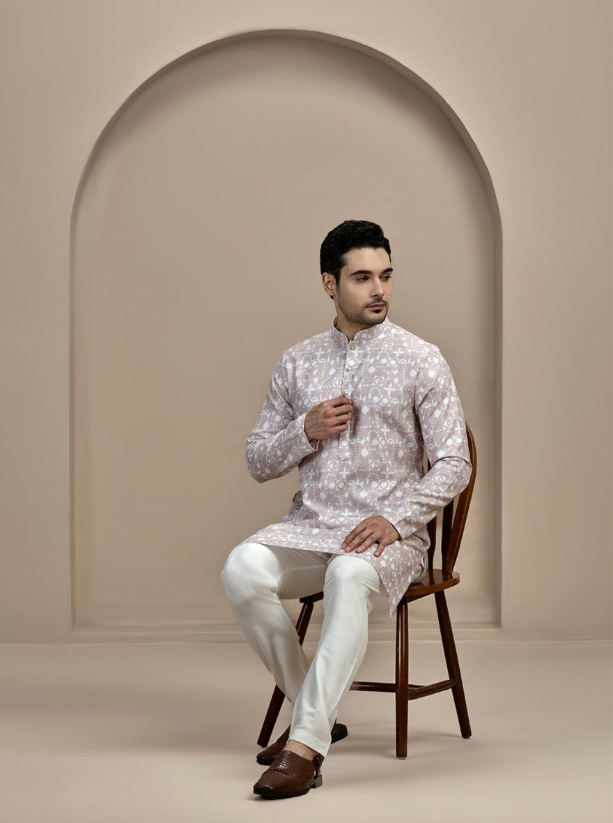 Beige & White Printed Kurta | The Kurta Company