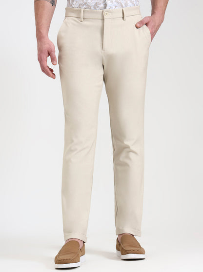 Cream Solid Venice Fit Casual Trouser | JadeBlue