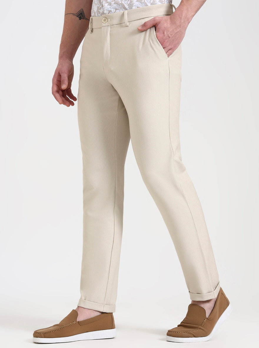 Cream Solid Venice Fit Casual Trouser | JadeBlue