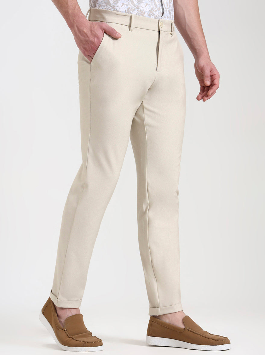 Cream Solid Venice Fit Casual Trouser | JadeBlue