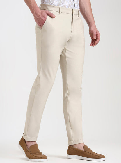 Cream Solid Venice Fit Casual Trouser | JadeBlue