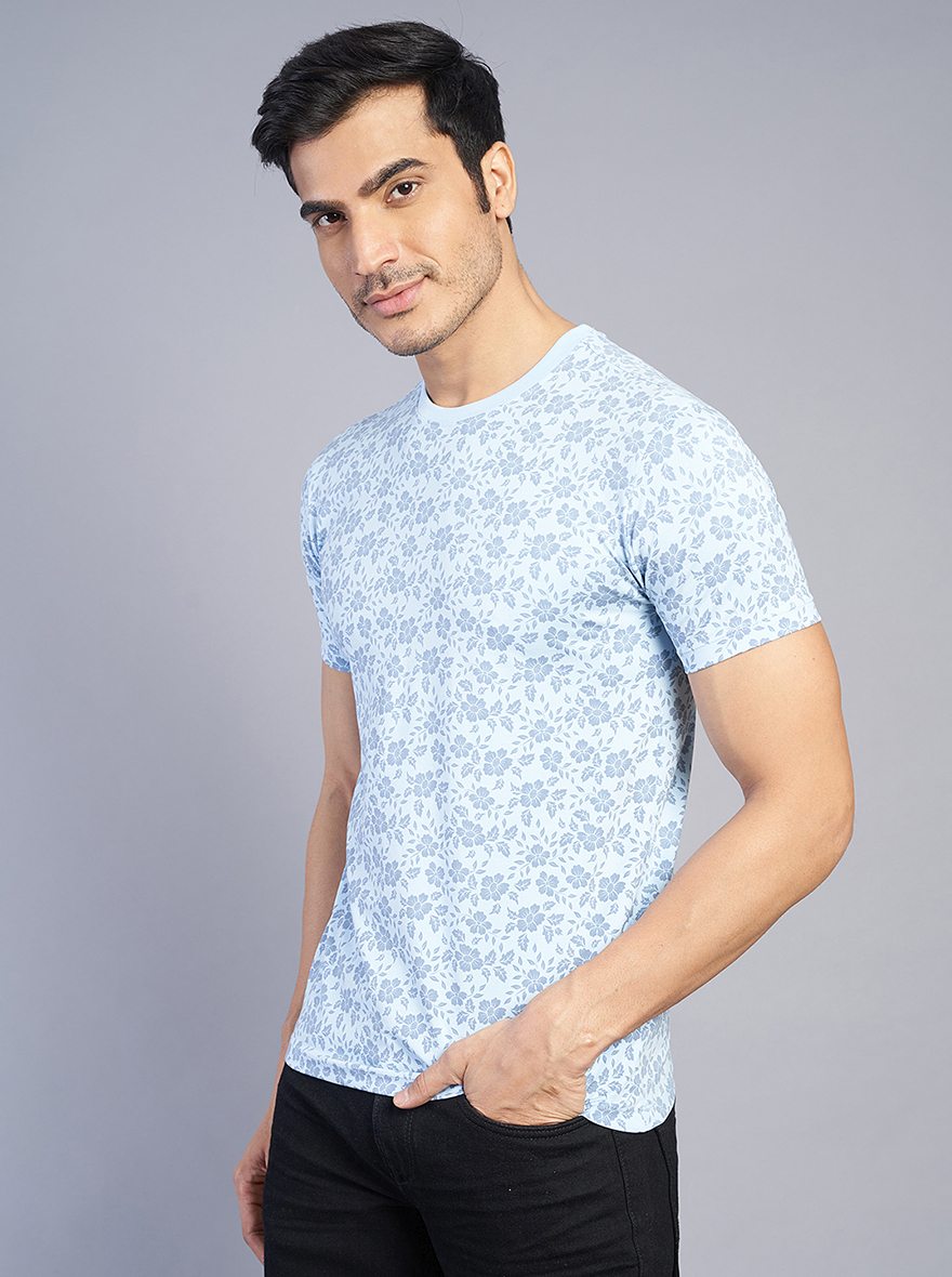 Light Blue Printed Slim Fit T-Shirt | JadeBlue