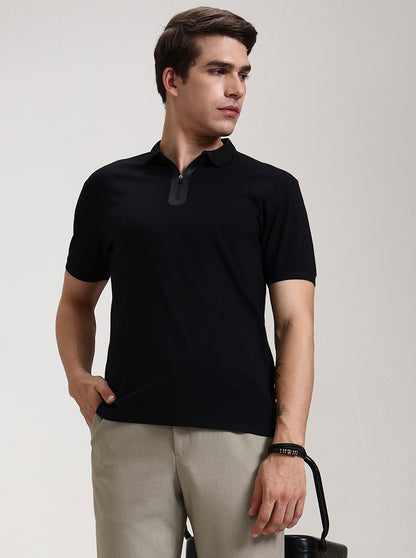Black Solid Slim Fit Polo T-Shirt | JadeBlue