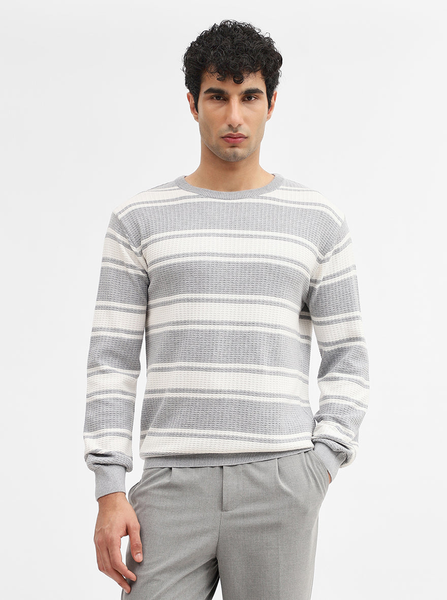 White & Grey Striped Slim Fit Winter T-Shirt | JadeBlue