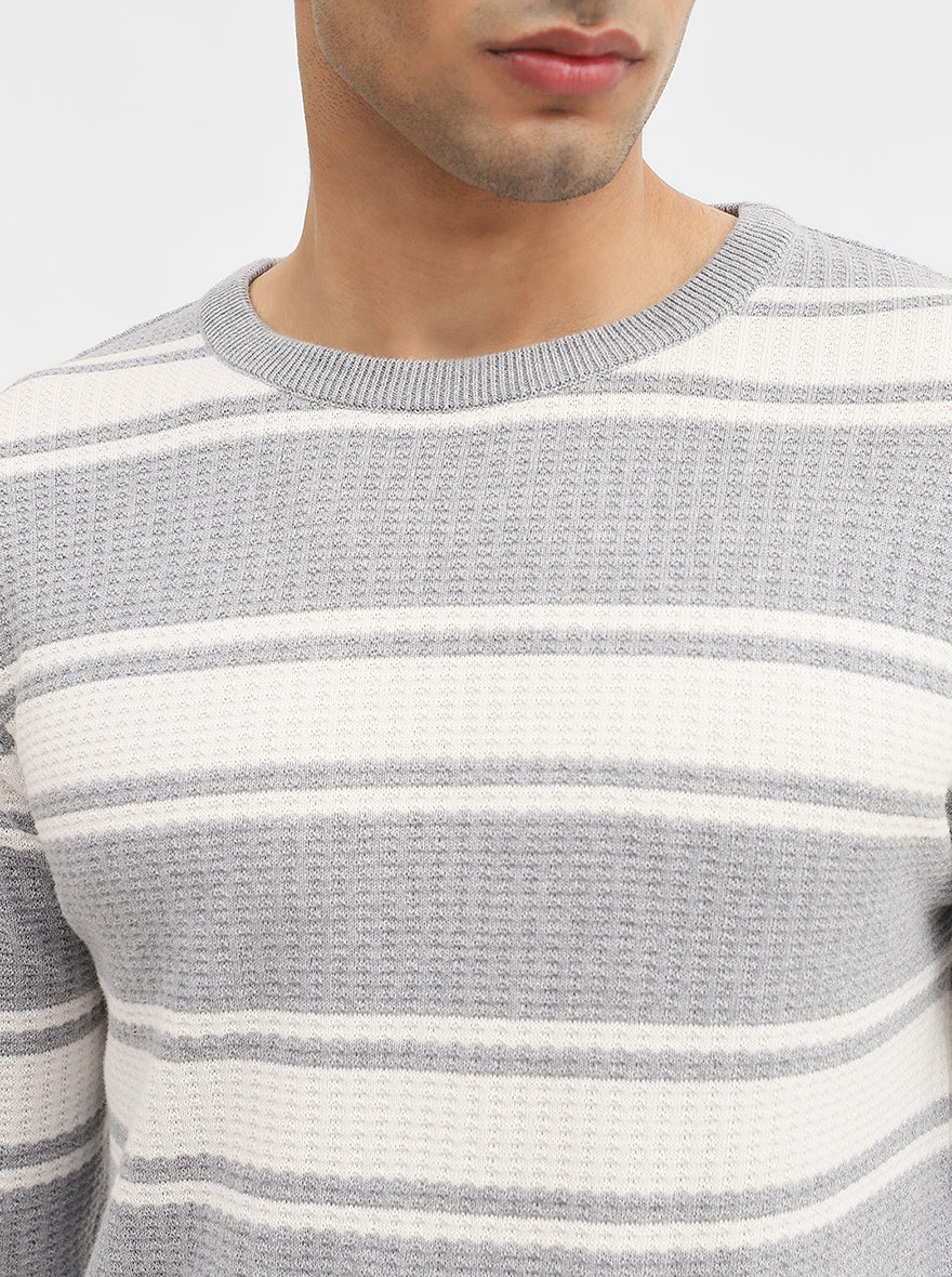 White & Grey Striped Slim Fit Winter T-Shirt | JadeBlue