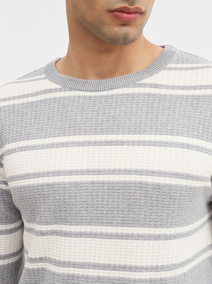 White & Grey Striped Slim Fit Winter T-Shirt | JadeBlue