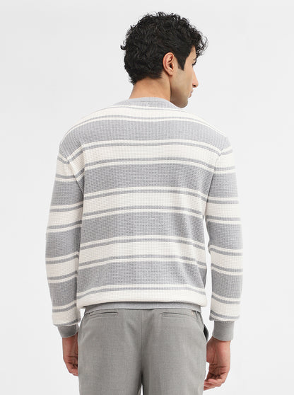 White & Grey Striped Slim Fit Winter T-Shirt | JadeBlue