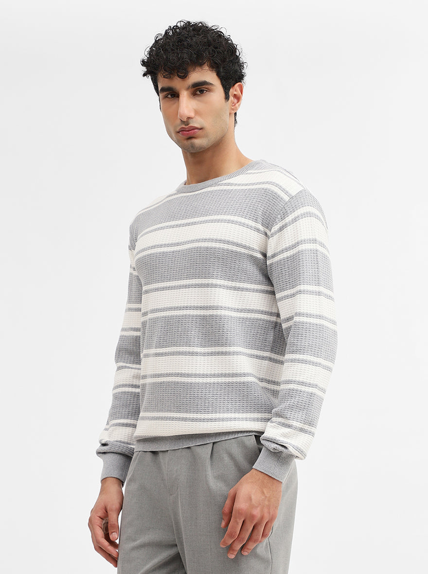 White & Grey Striped Slim Fit Winter T-Shirt | JadeBlue