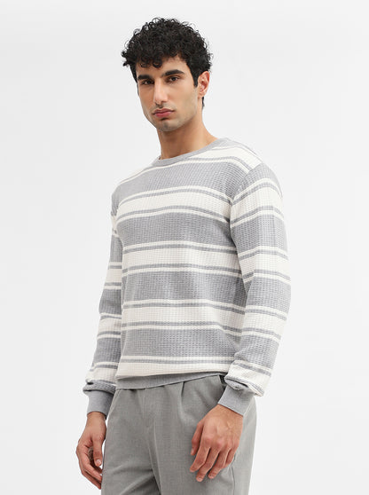 White & Grey Striped Slim Fit Winter T-Shirt | JadeBlue