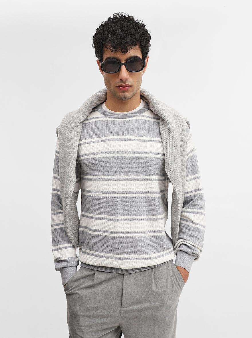 White & Grey Striped Slim Fit Winter T-Shirt | JadeBlue