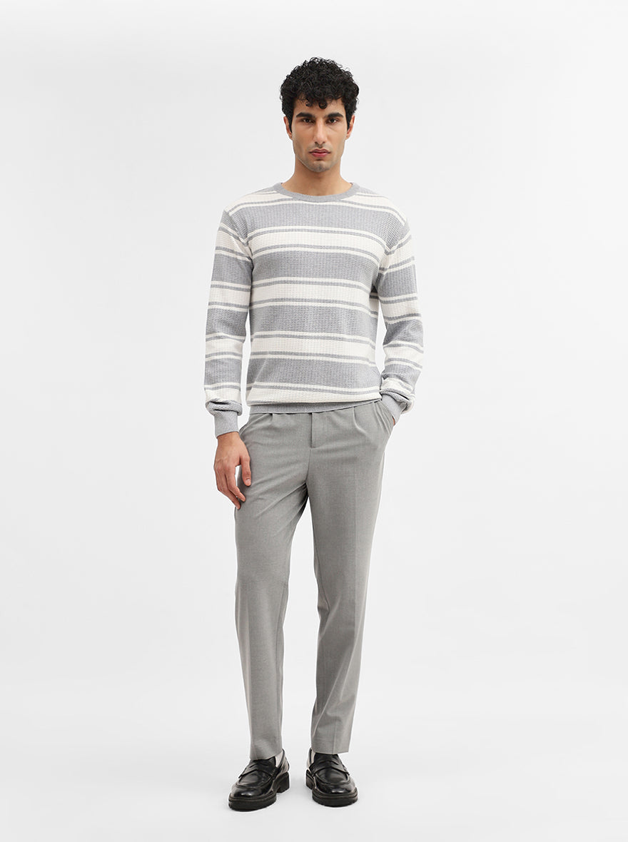 White & Grey Striped Slim Fit Winter T-Shirt | JadeBlue
