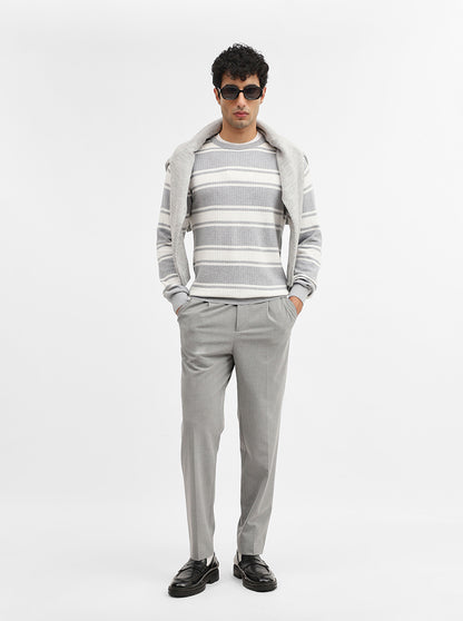 White & Grey Striped Slim Fit Winter T-Shirt | JadeBlue