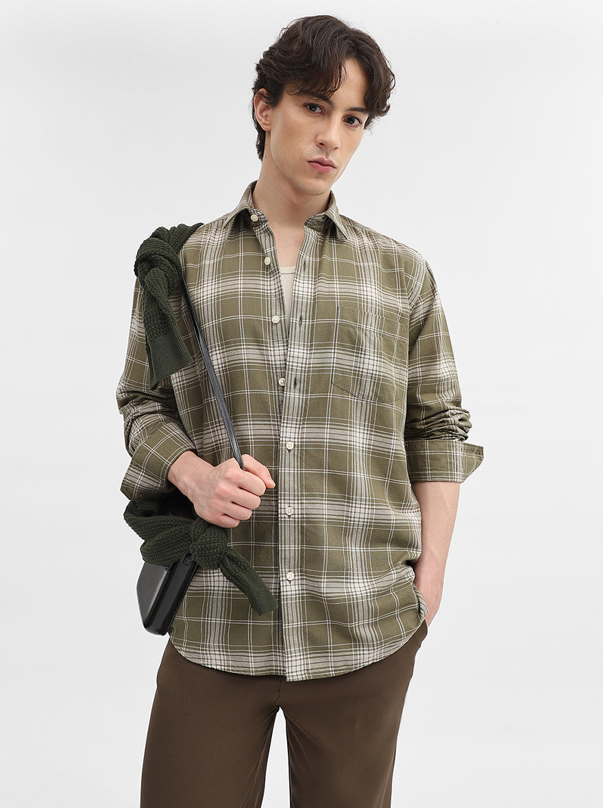 Green Checked Tailored Fit Semi Casual Shirt | JadeBlue