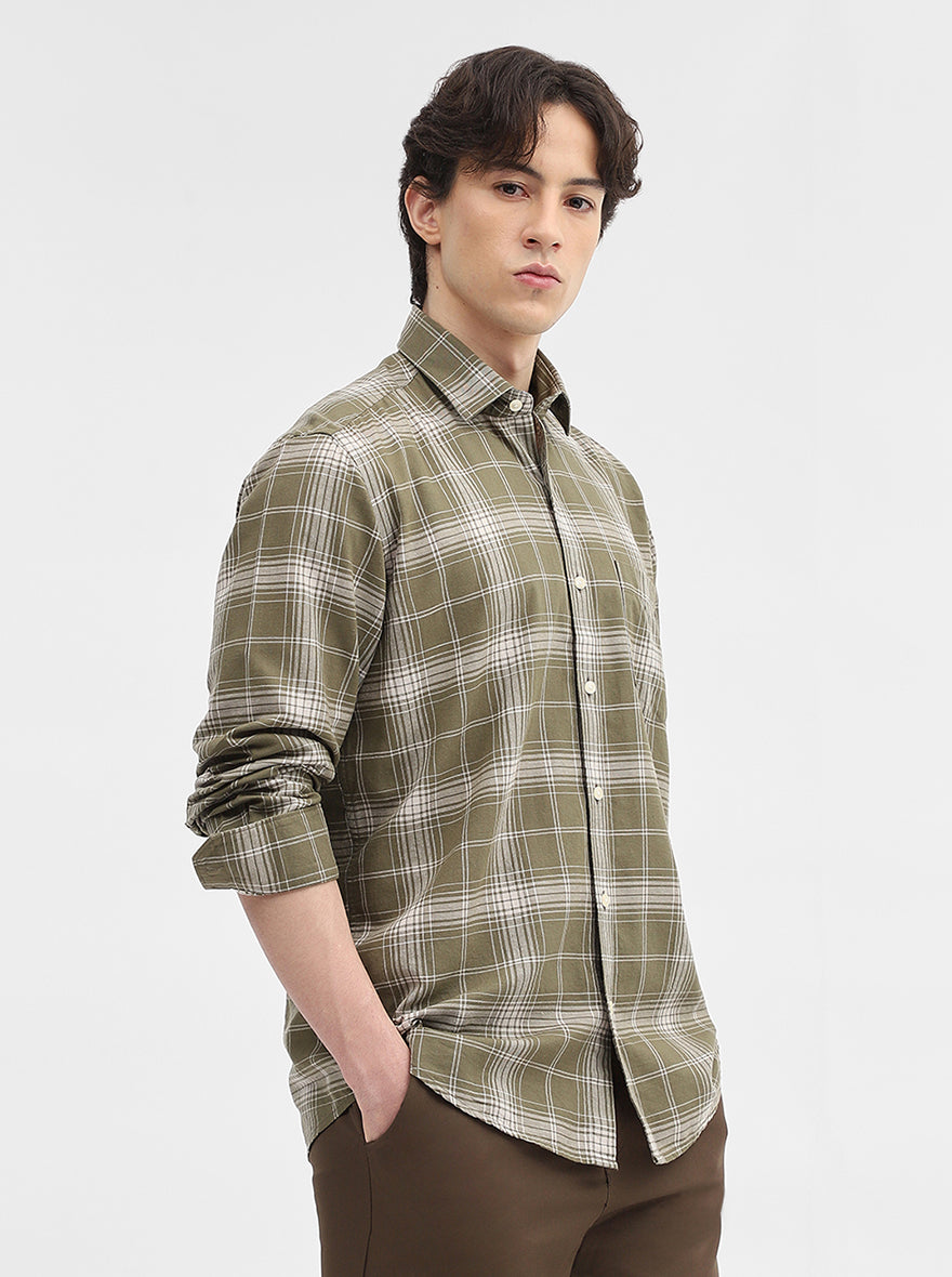 Green Checked Tailored Fit Semi Casual Shirt | JadeBlue