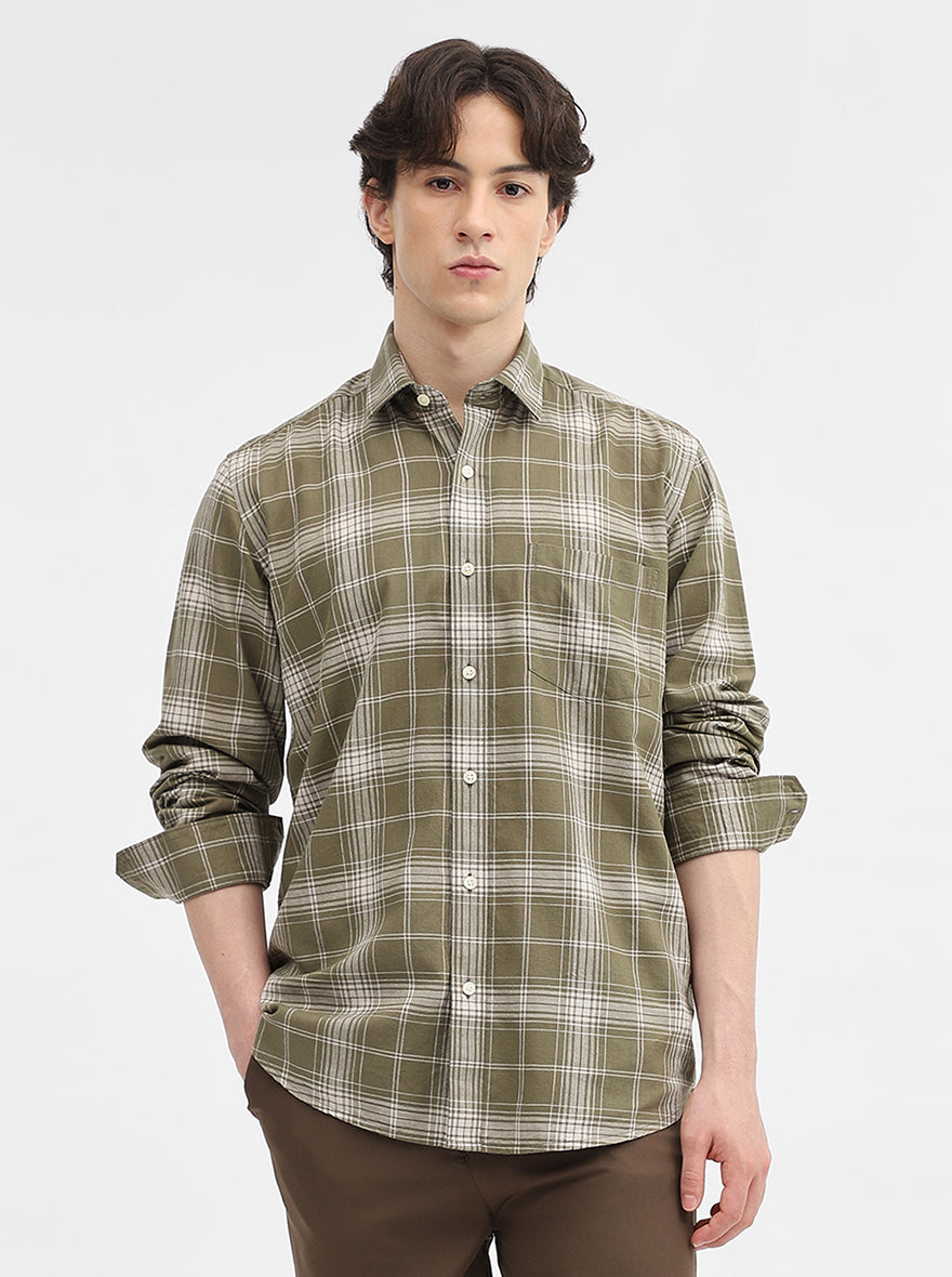 Green Checked Tailored Fit Semi Casual Shirt | JadeBlue