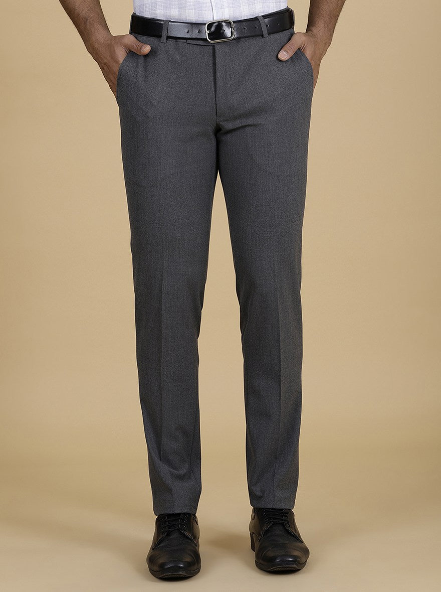 Dark Grey Solid Super Slim Fit Formal Trouser | JadeBlue Youth
