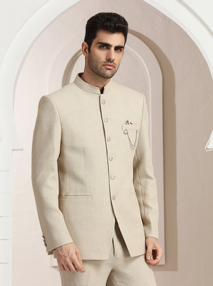 Beige Self Textured Jodhpuri Suit | JadeBlue
