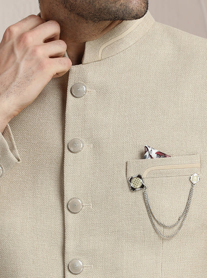 Beige Self Textured Jodhpuri Suit | JadeBlue
