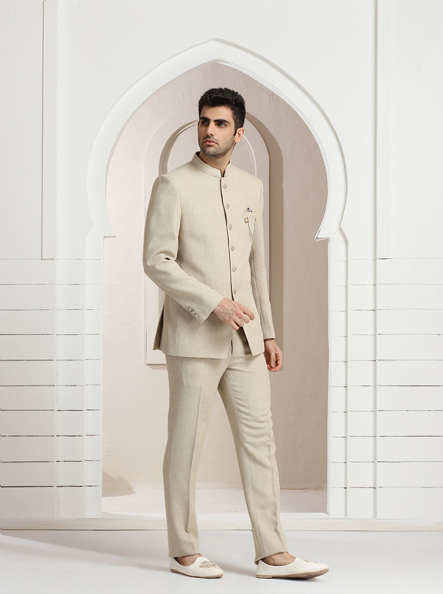 Beige Self Textured Jodhpuri Suit | JadeBlue