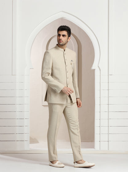 Beige Self Textured Jodhpuri Suit | JadeBlue