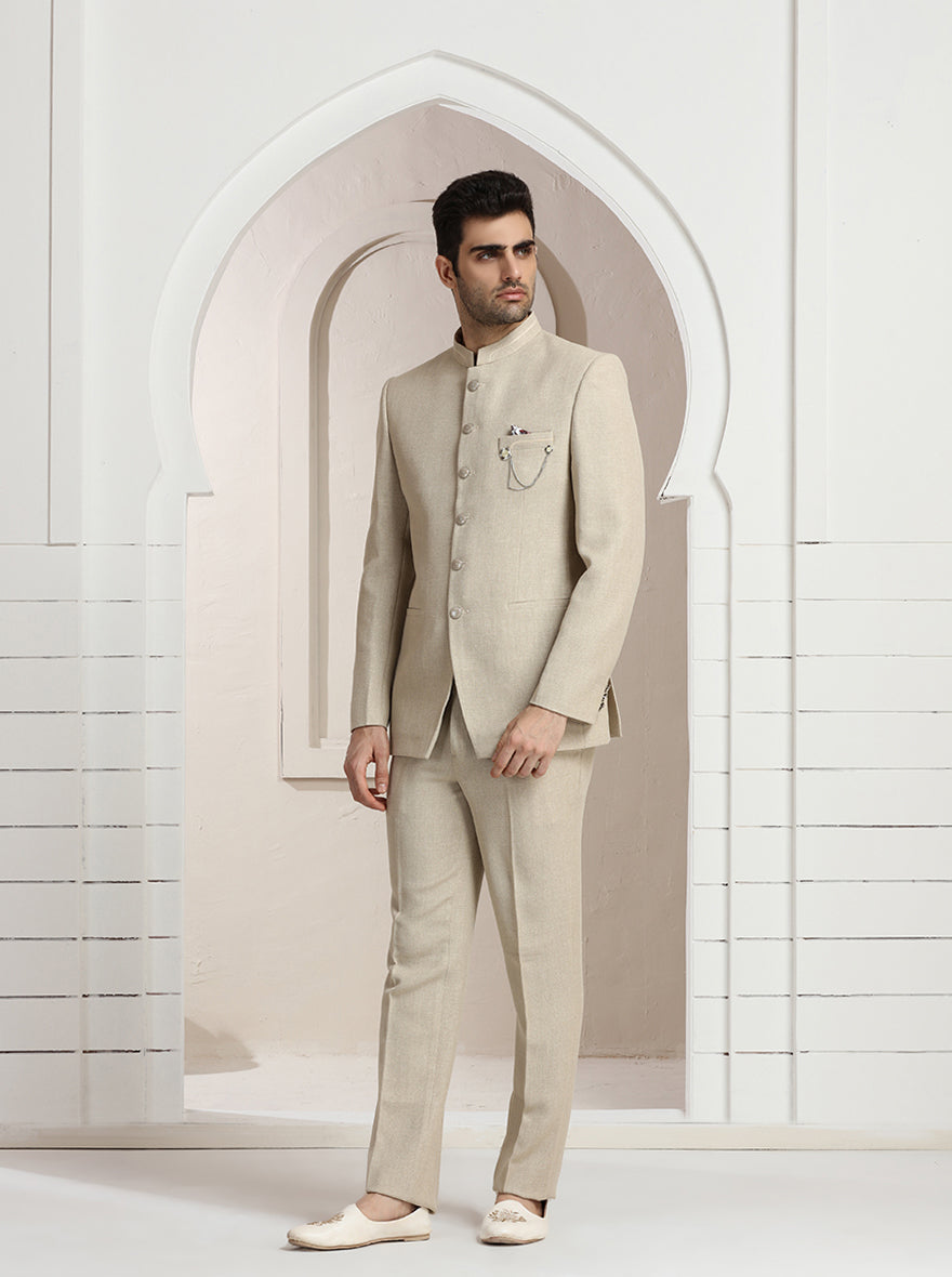 Beige Self Textured Jodhpuri Suit | JadeBlue