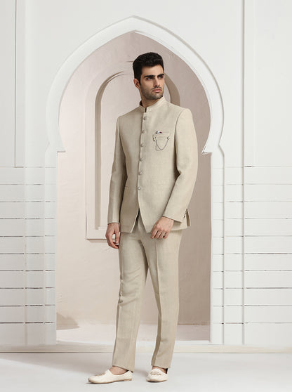 Beige Self Textured Jodhpuri Suit | JadeBlue