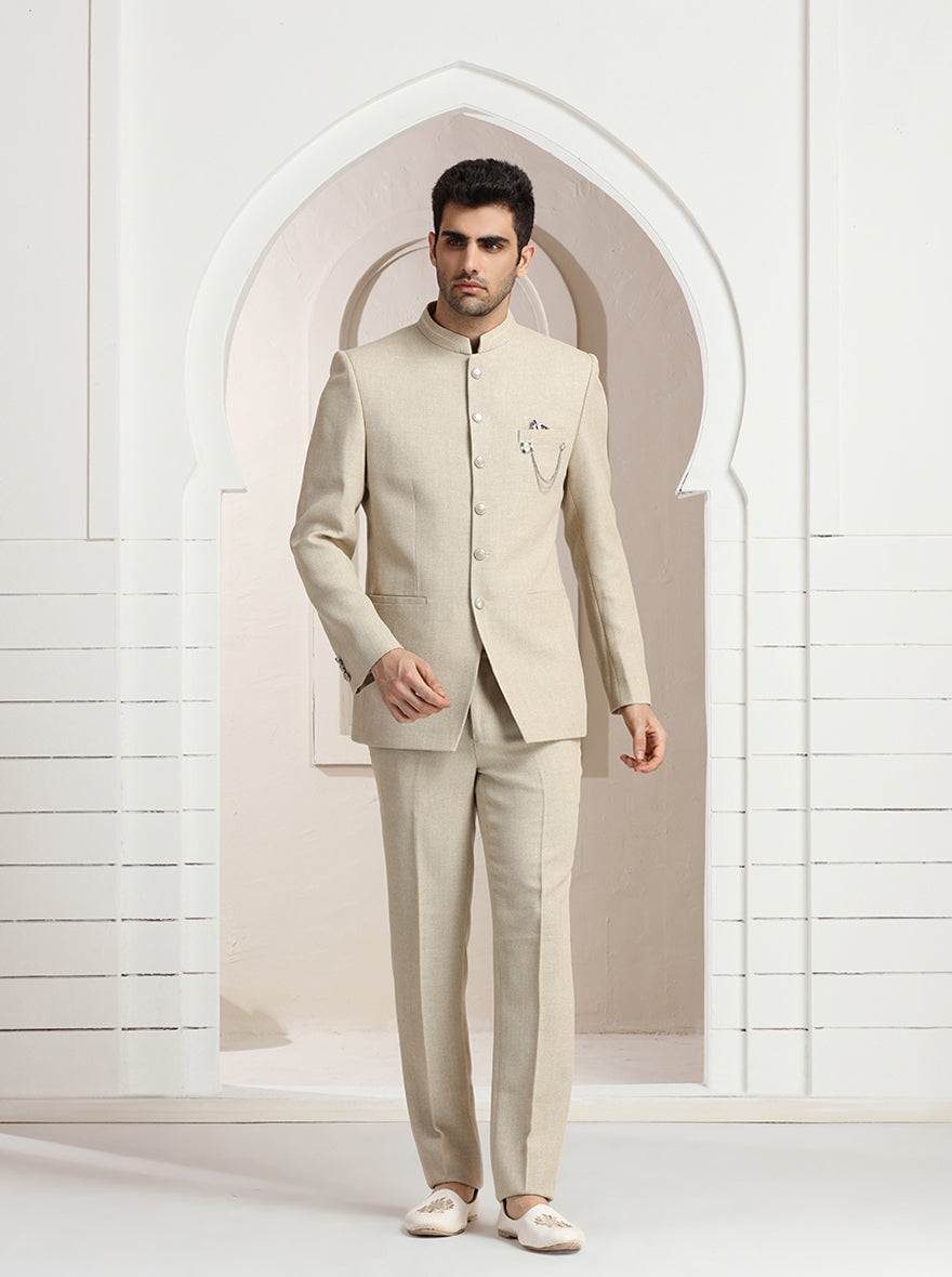 Beige Self Textured Jodhpuri Suit | JadeBlue