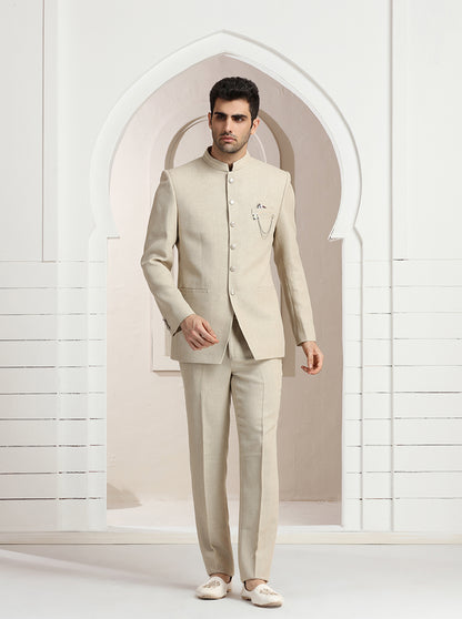 Beige Self Textured Jodhpuri Suit | JadeBlue