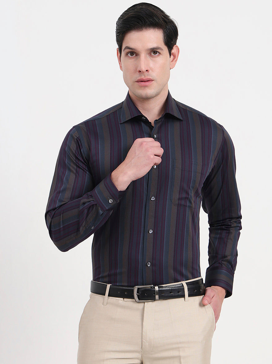 Brown & Grey Striped Slim Fit Formal Shirt | JadeBlue Super Luxe