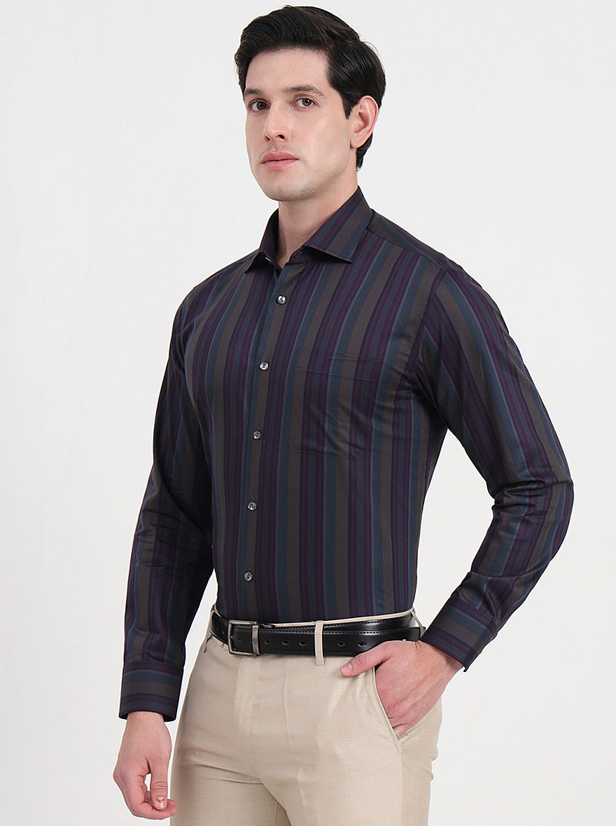 Brown & Grey Striped Slim Fit Formal Shirt | JadeBlue Super Luxe