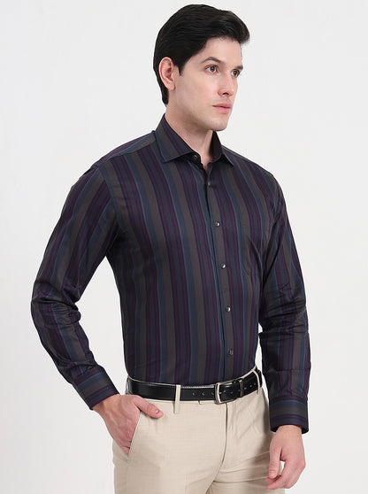 Brown & Grey Striped Slim Fit Formal Shirt | JadeBlue Super Luxe