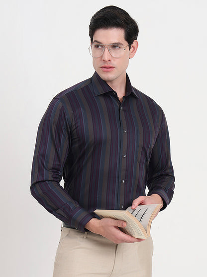 Brown & Grey Striped Slim Fit Formal Shirt | JadeBlue Super Luxe