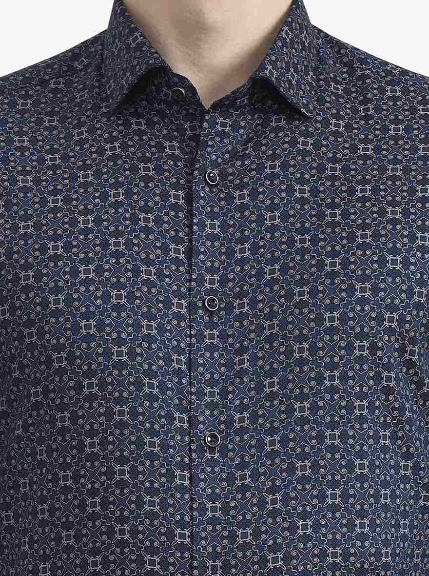 Blue Printed Slim Fit Party Wear Shirt | Greenfibre