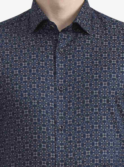Blue Printed Slim Fit Party Wear Shirt | Greenfibre