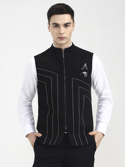 Black Printed Regular Fit Waistcoat | Wyre