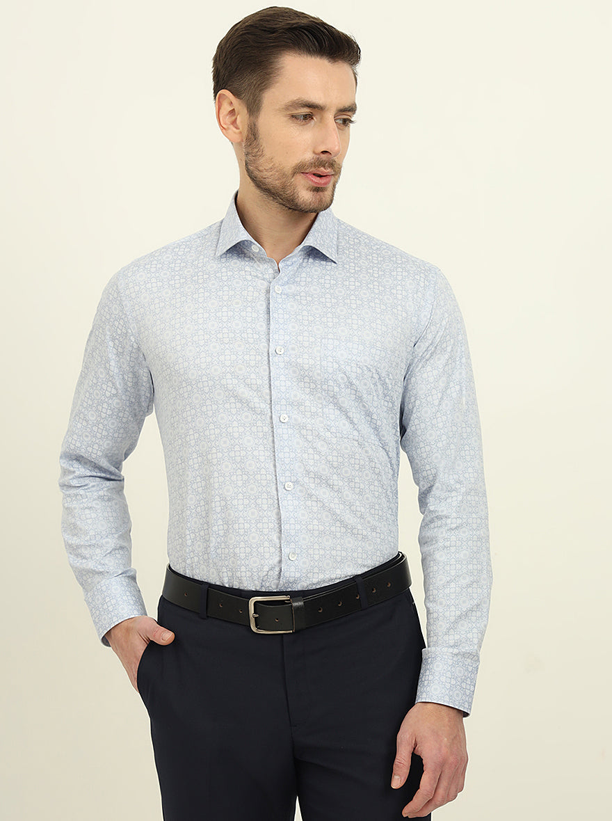 Sky Blue Printed Slim Fit Formal Shirt | Metal