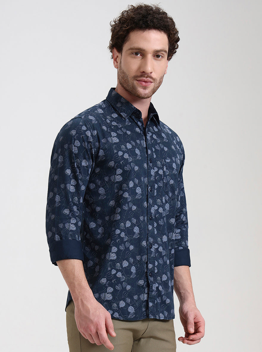 Navy Blue Printed Slim Fit Casual Shirt | Greenfibre