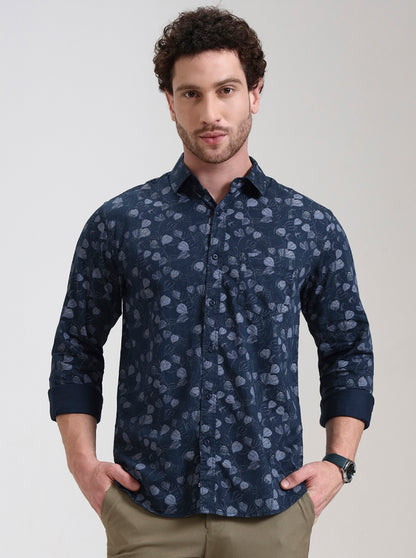 Navy Blue Printed Slim Fit Casual Shirt | Greenfibre