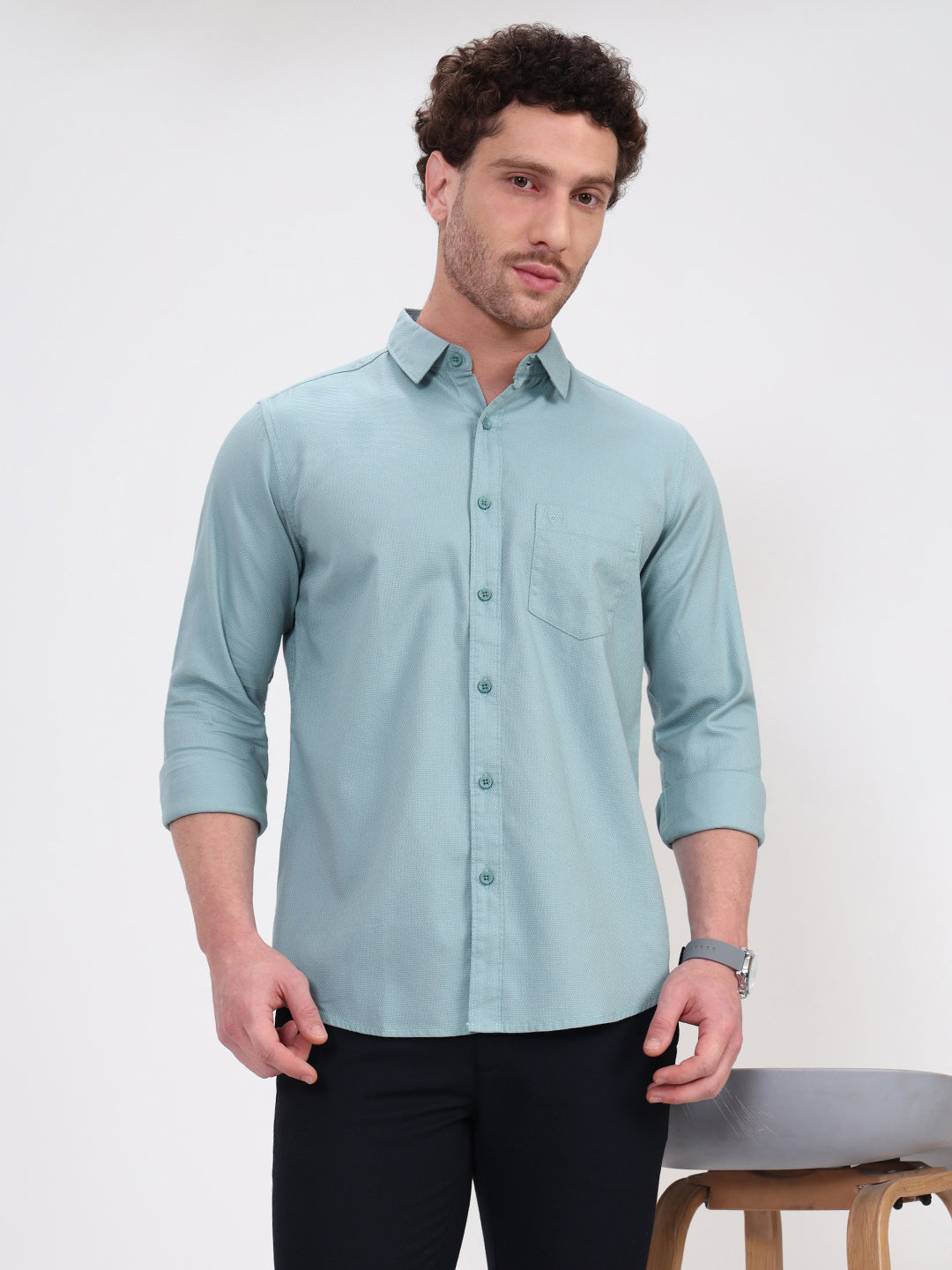 Mint Green Solid Slim Fit Casual Shirt | JadeBlue