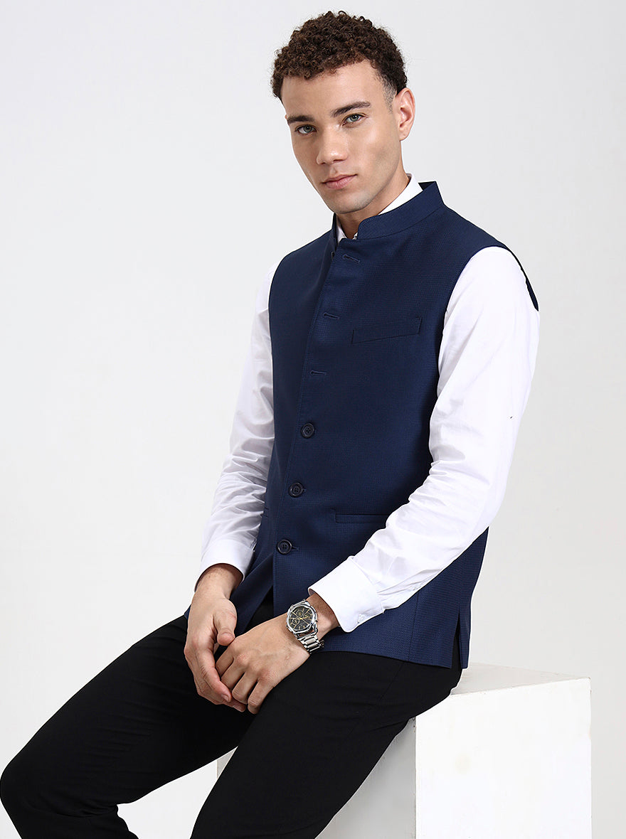 Blue Solid Regular Fit Modi Jacket | JadeBlue