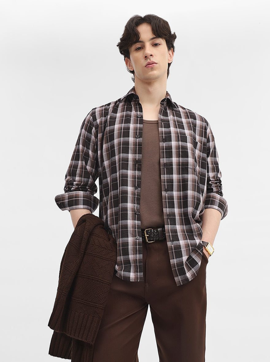 Brown & Black Checked Tailored Fit Semi Casual Shirt | JadeBlue