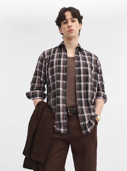 Brown & Black Checked Tailored Fit Semi Casual Shirt | JadeBlue