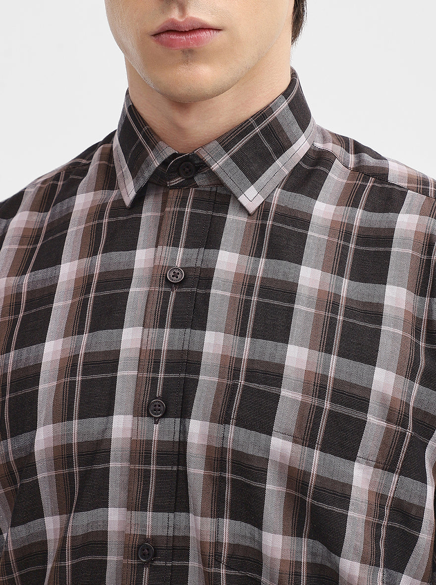 Brown & Black Checked Tailored Fit Semi Casual Shirt | JadeBlue