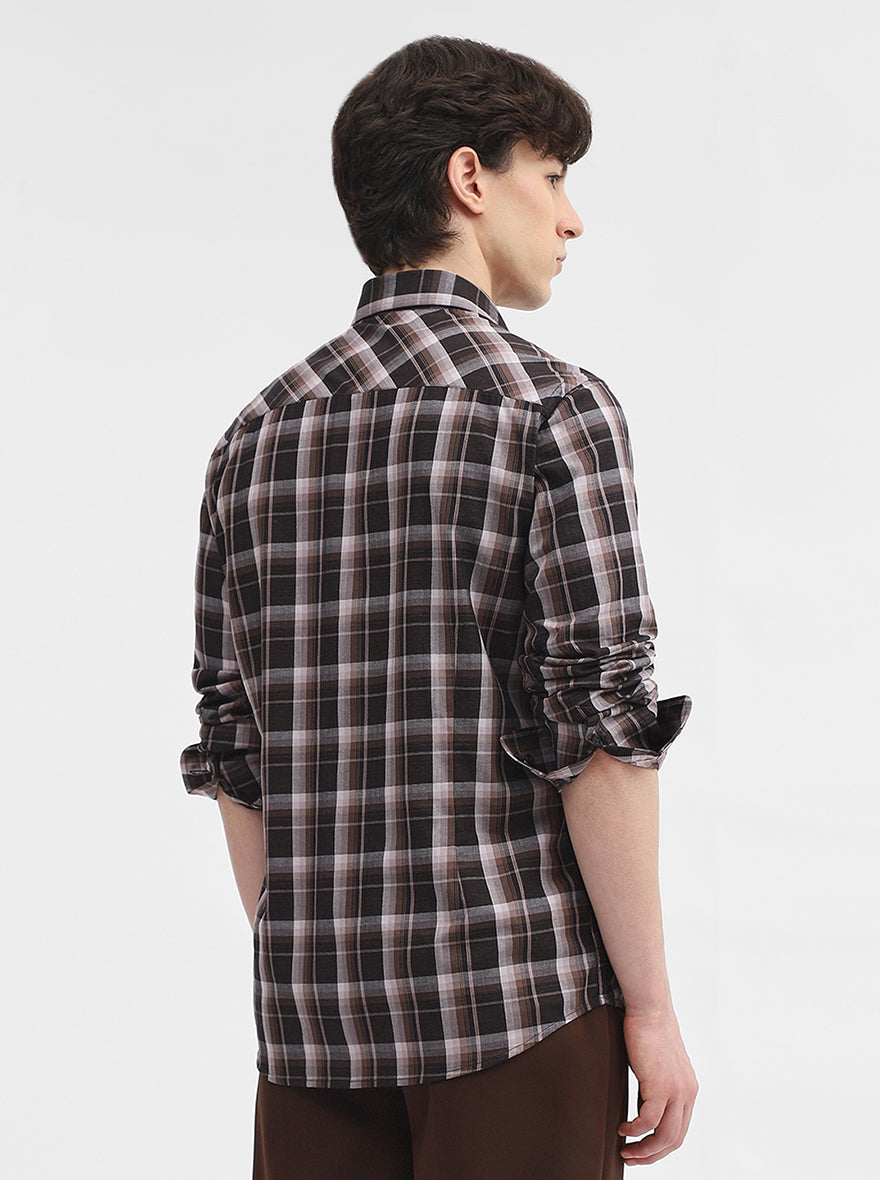 Brown & Black Checked Tailored Fit Semi Casual Shirt | JadeBlue