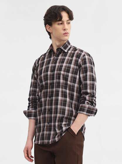 Brown & Black Checked Tailored Fit Semi Casual Shirt | JadeBlue